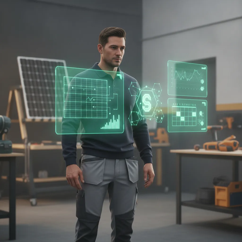 Solartechniker mit smaragdgrünen KI-Hologramm-Dashboards in einer modernen Werkstatt