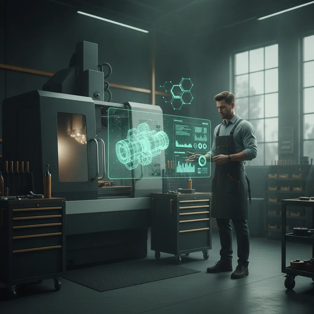 Maschinenbau-Ingenieur betrachtet ein smaragdgrünes CAD-Hologramm an einer CNC-Maschine