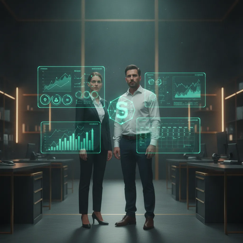 Beraterin und Unternehmer betrachten smaragdgrüne KI-Hologramm-Dashboards in einem modernen Büro