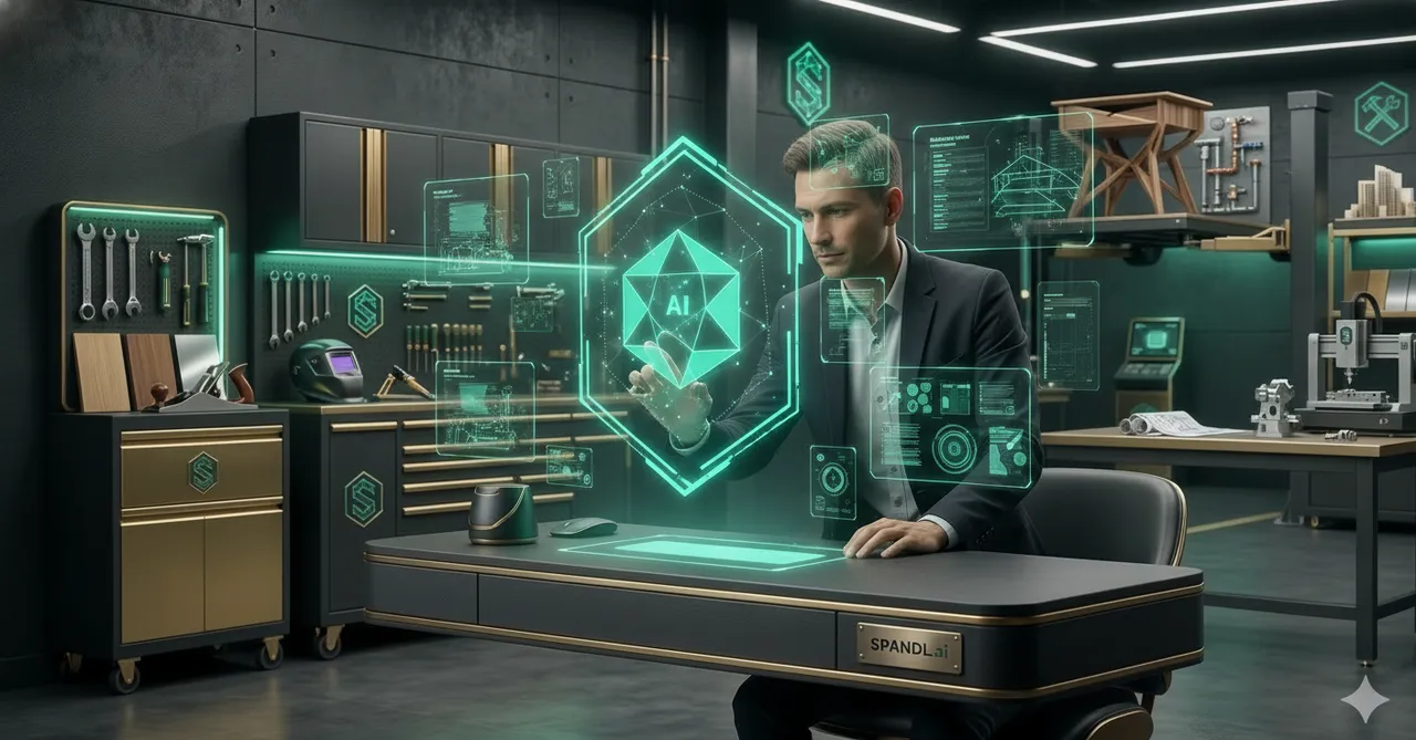 Fachkraft interagiert mit einem smaragdgrünen KI-Hologramm-Assistenten in einer modernen Werkstatt