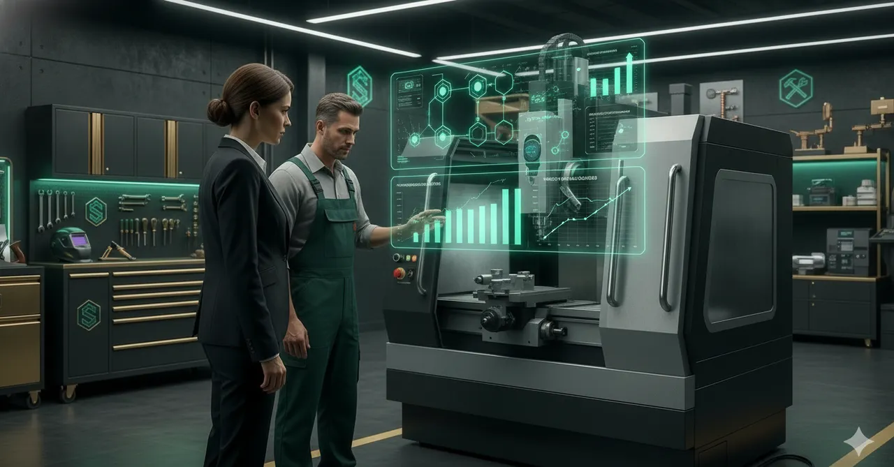 Beraterin und Betriebsinhaber analysieren KI-Prozesse als Hologramm-Dashboard an einer CNC-Maschine