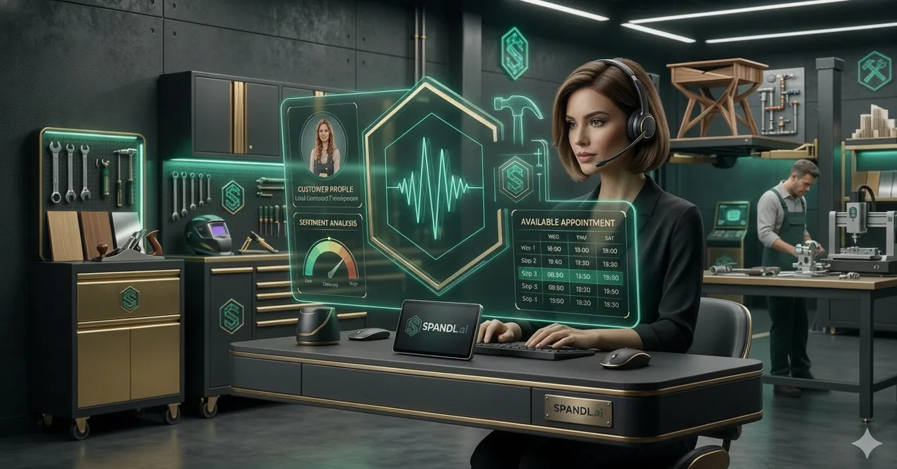 Mitarbeiterin mit Headset und smaragdgrüner KI-Telefonagent-Oberfläche als Hologramm in einer Werkstatt