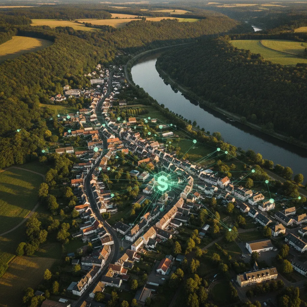 Luftaufnahme einer Stadt im Neckartal, vernetzt durch ein smaragdgrünes KI-Hologramm-Netzwerk